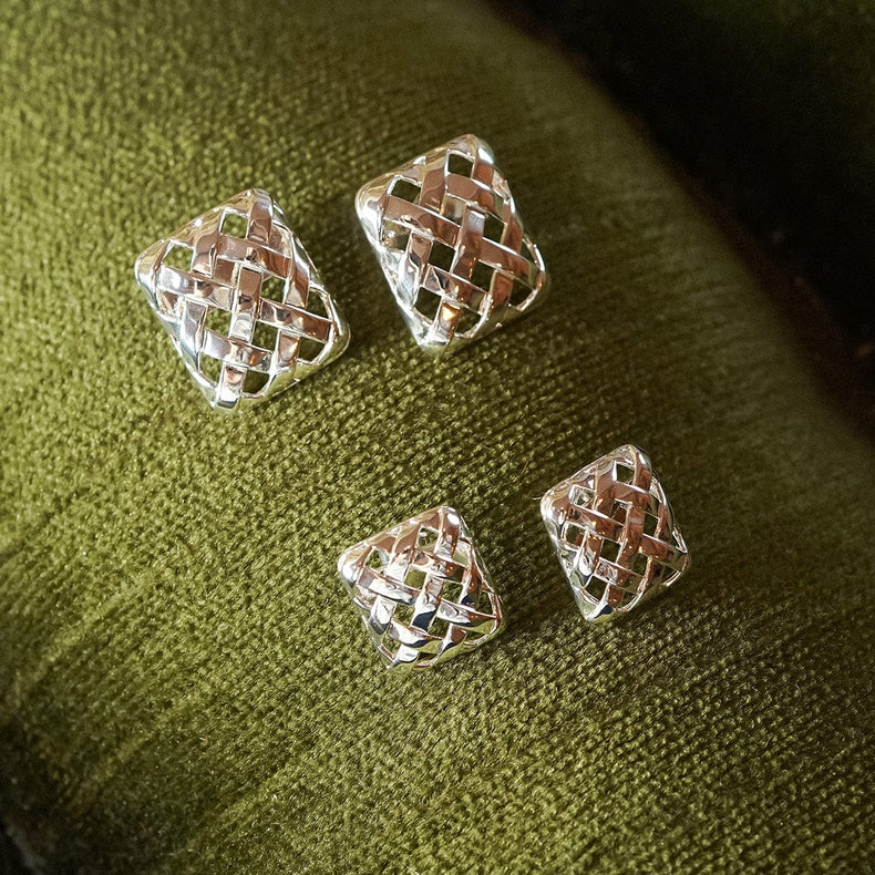 Polly Mini Woven Square Stud Earrings Silver Plate