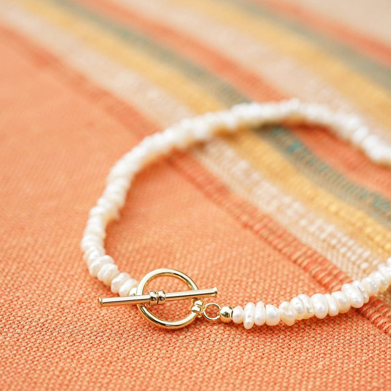 Polly Beach Pearl T Bar Bracelet 18ct Gold Plate