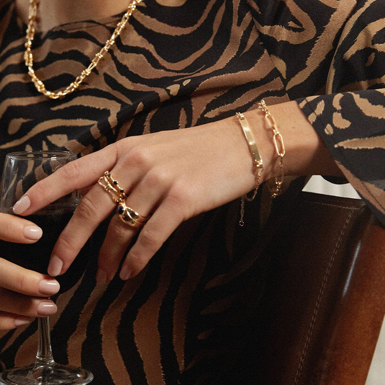 Polly Black Onyx Chunky Band Ring 18ct Gold Plate