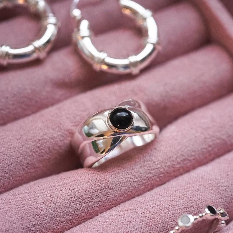 Polly Black Onyx Chunky Band Ring Silver Plate