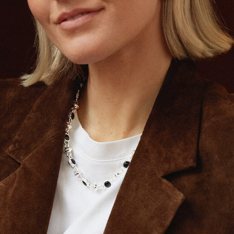 Polly Black Onyx Chain Necklace Silver Plate