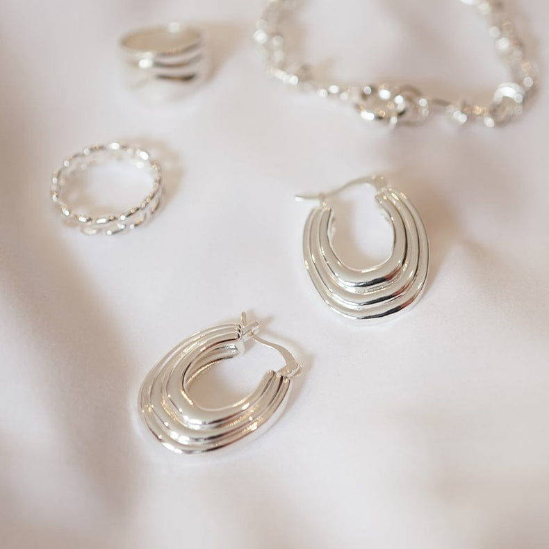 Polly Chunky Ridge Hoop Earrings Silver Plate