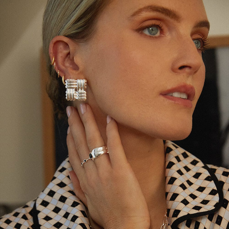 Polly Oversized Lattice Stud Earrings Silver Plate