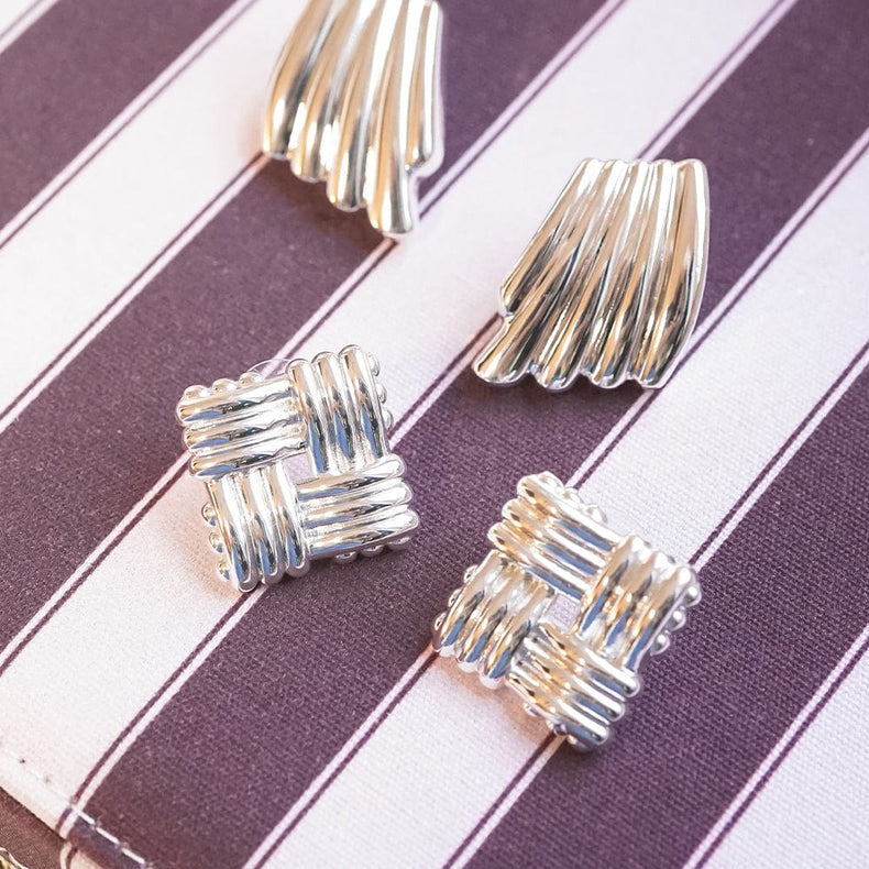 Polly Oversized Lattice Stud Earrings Silver Plate