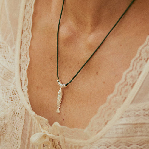 Polly Beach Pearl and Fish Cord Necklace Layering Set Sterling Silver