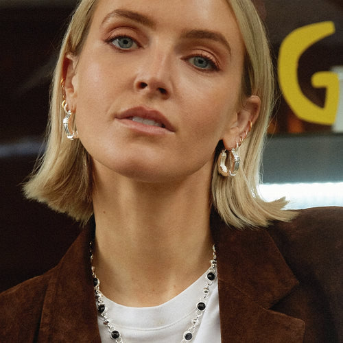 Polly Triple Ridge Chunky Hoop Earrings Silver Plate