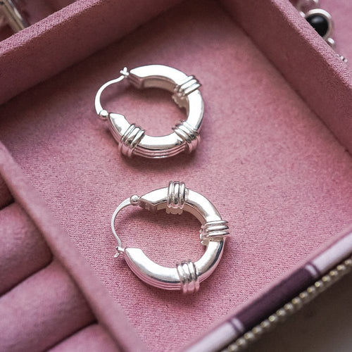 Polly Triple Ridge Chunky Hoop Earrings Silver Plate