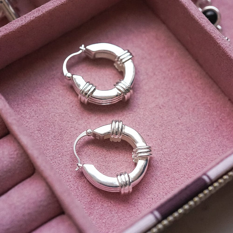 Polly Triple Ridge Chunky Hoop Earrings Silver Plate