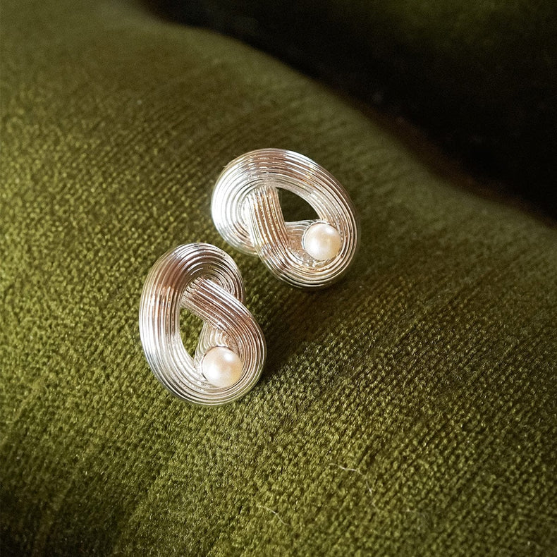 Polly Ties The Knot Pearl Stud Earrings Silver Plate