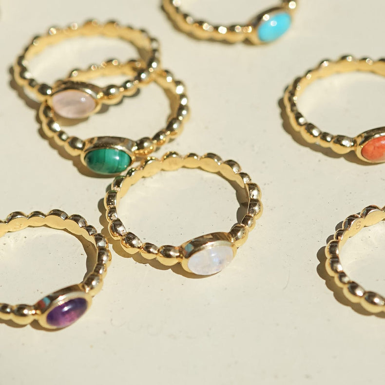 Rainbow Moonstone Healing Stone Bobble Ring 18ct Gold Plate