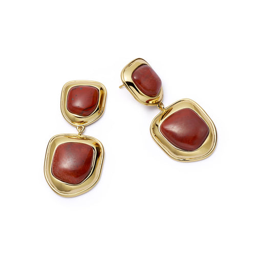 Red Jasper Organic Double Drop Earrings 18ct Gold Plate