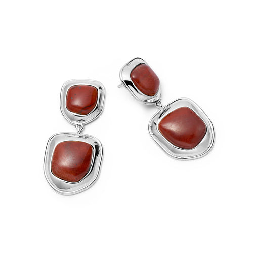 Red Jasper Organic Double Drop Earrings Silver Plate