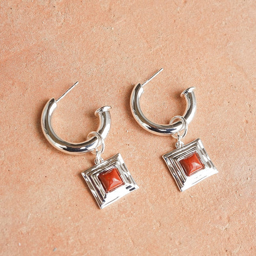 Red Jasper Square Chubby Hoop Earrings Silver Plate