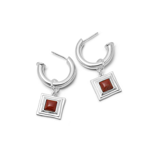 Red Jasper Square Chubby Hoop Earrings Silver Plate