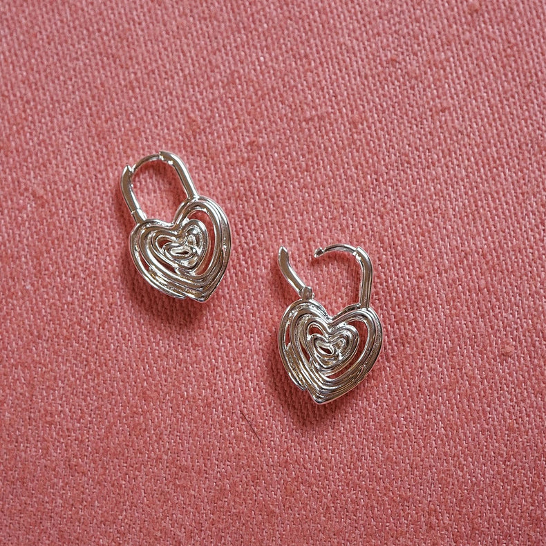 Scribble Heart Lock Drop Earrings Silver Plate