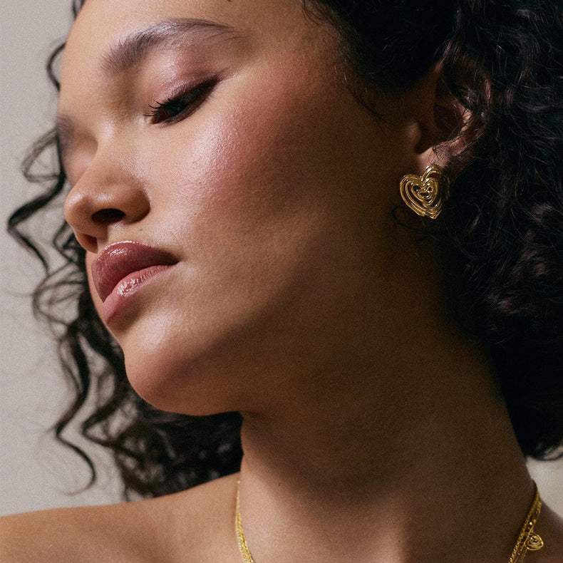 Scribble Heart Stud Earrings 18ct Gold Plate