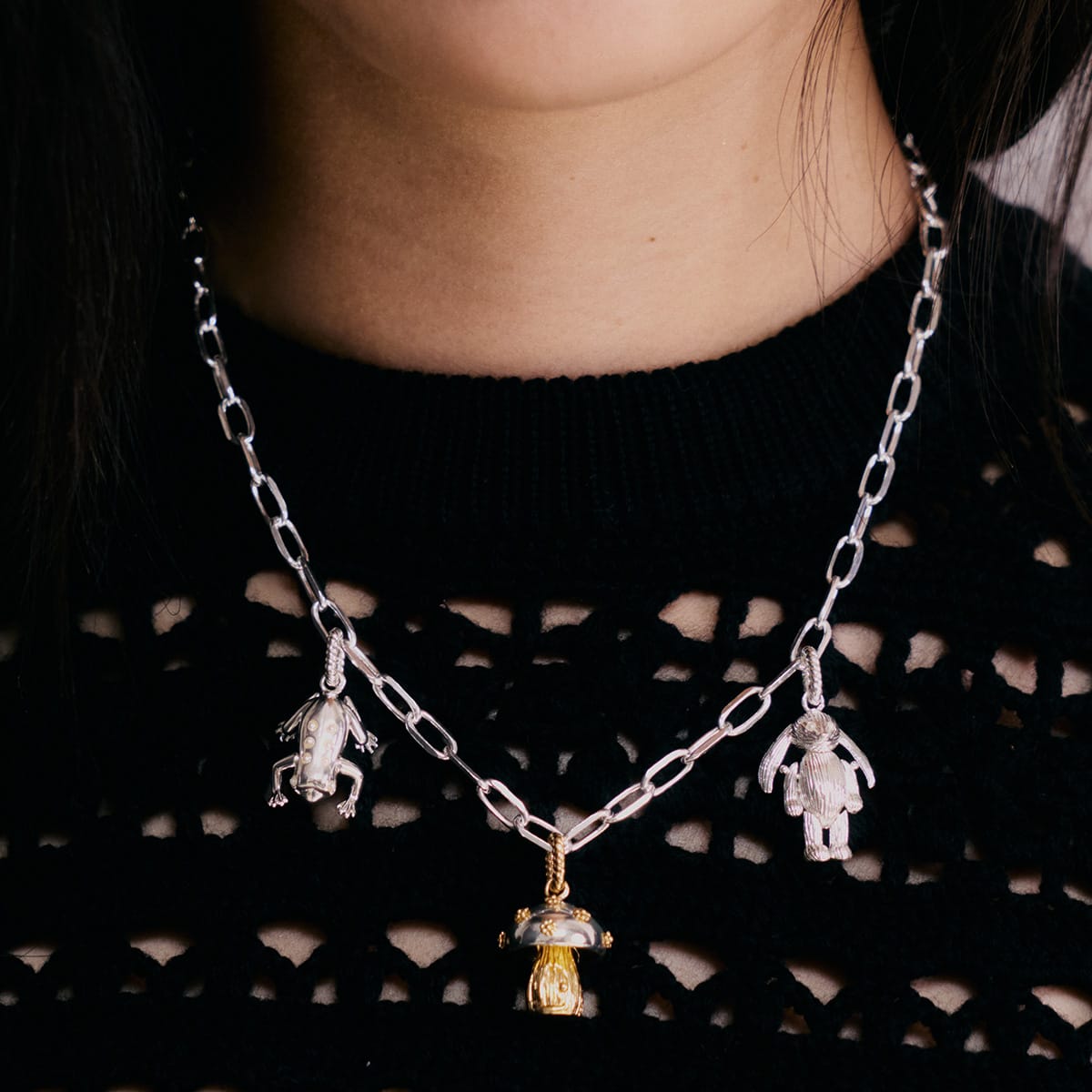 Shrimps Chunky Charm Necklace Layering Set Silver Plate