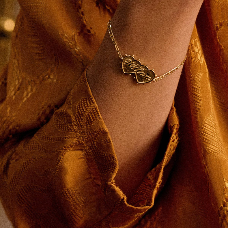 Shrimps Double Heart Personalised Bracelet 18ct Gold Plate