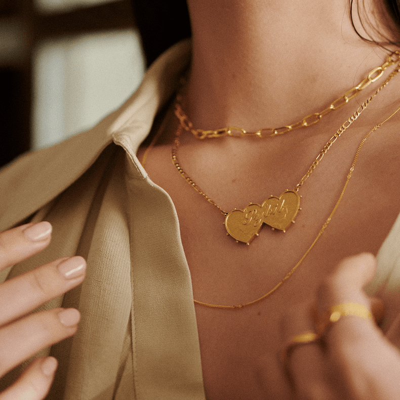 Shrimps Double Heart Personalised Necklace 18ct Gold Plate