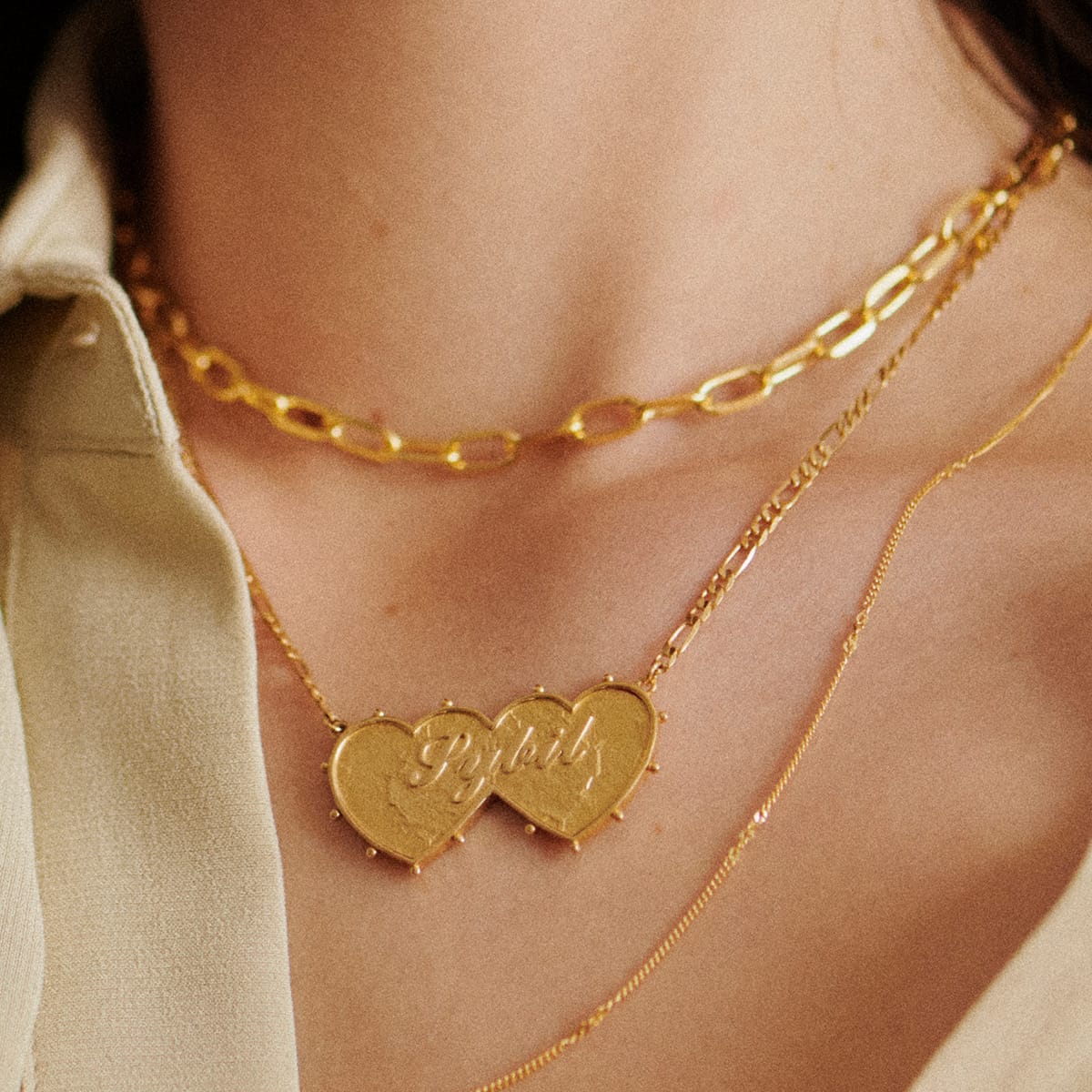 Shrimps Double Heart Personalised Necklace 18ct Gold Plate