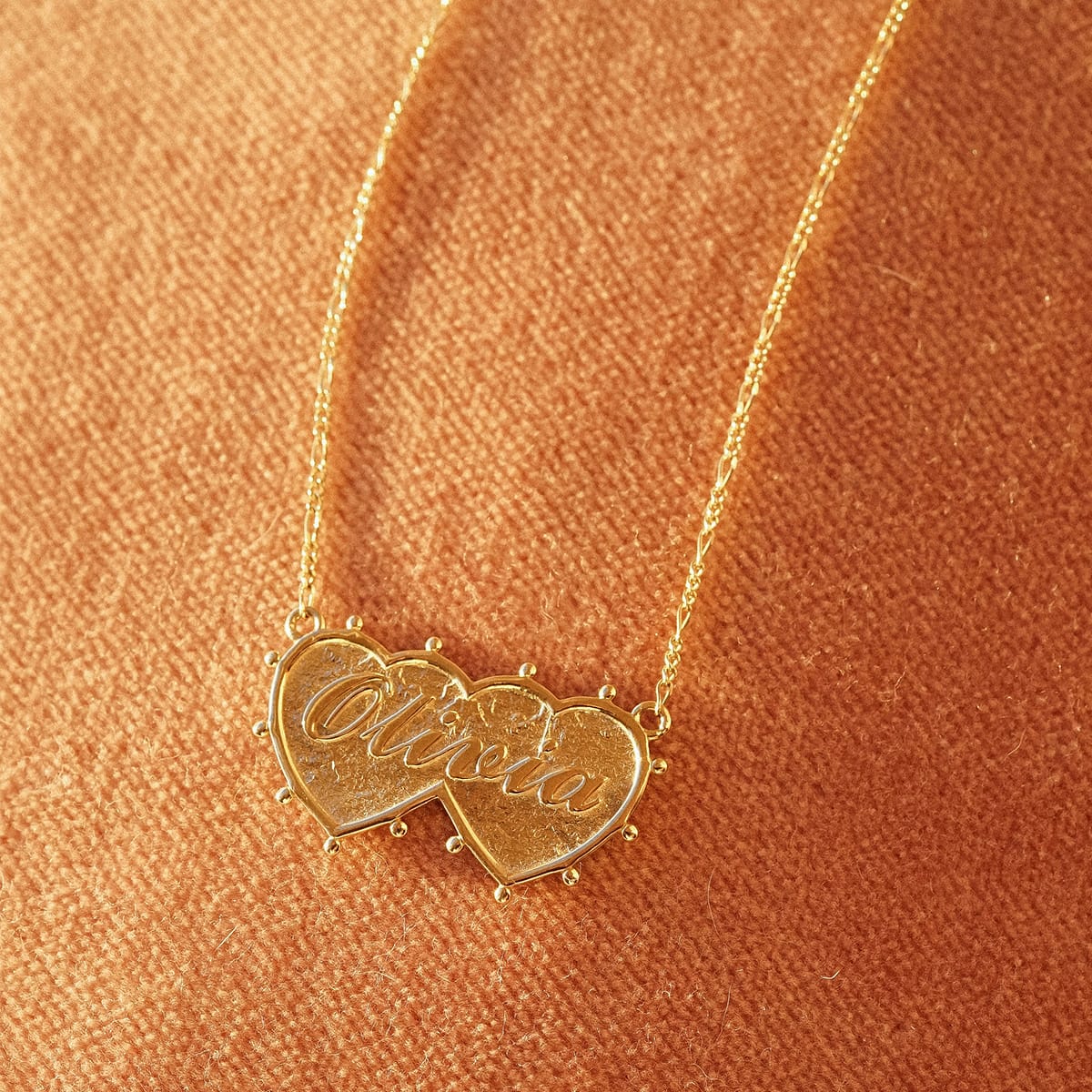 Shrimps Double Heart Personalised Necklace 9ct Solid Gold