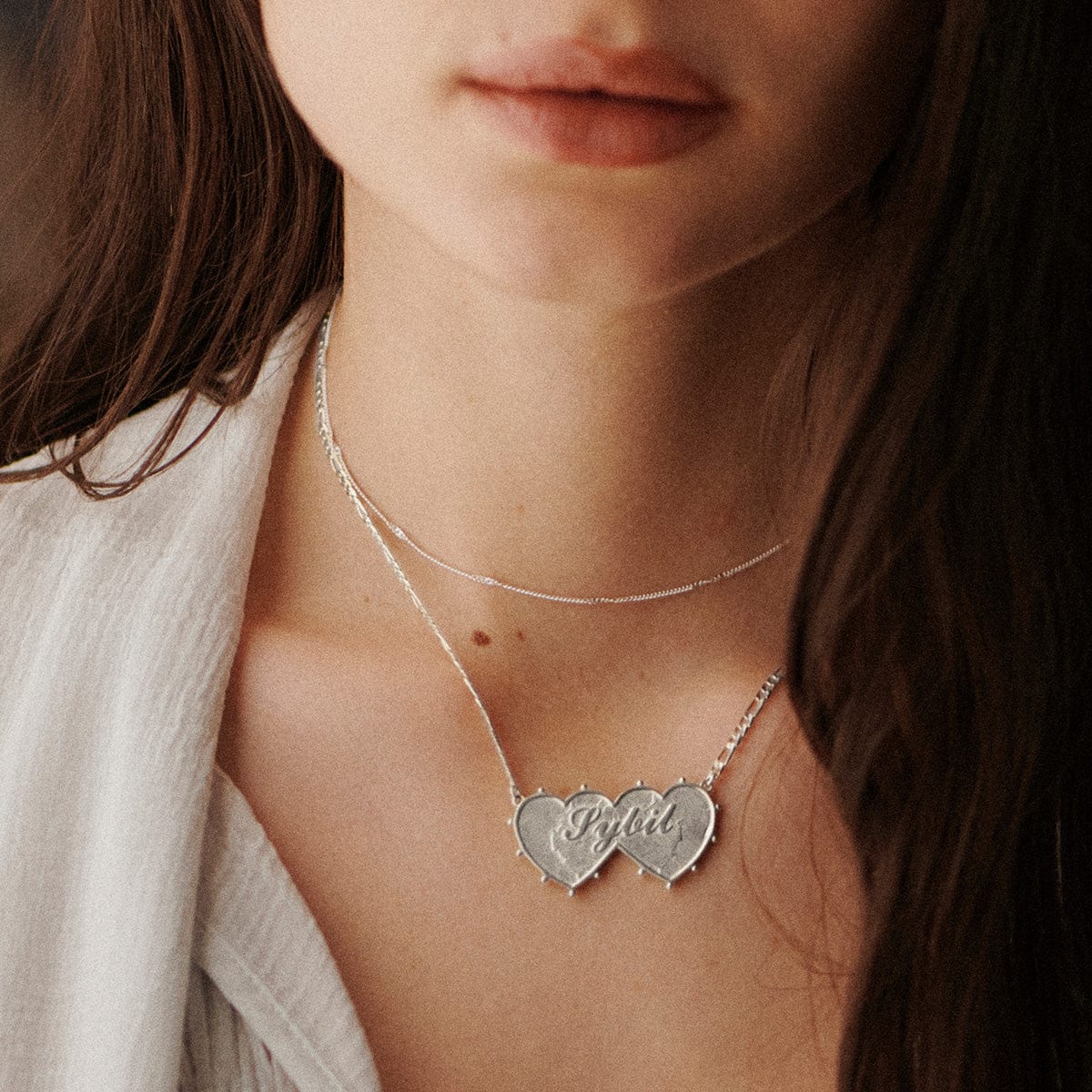 Shrimps Double Heart Personalised Necklace Silver Plate