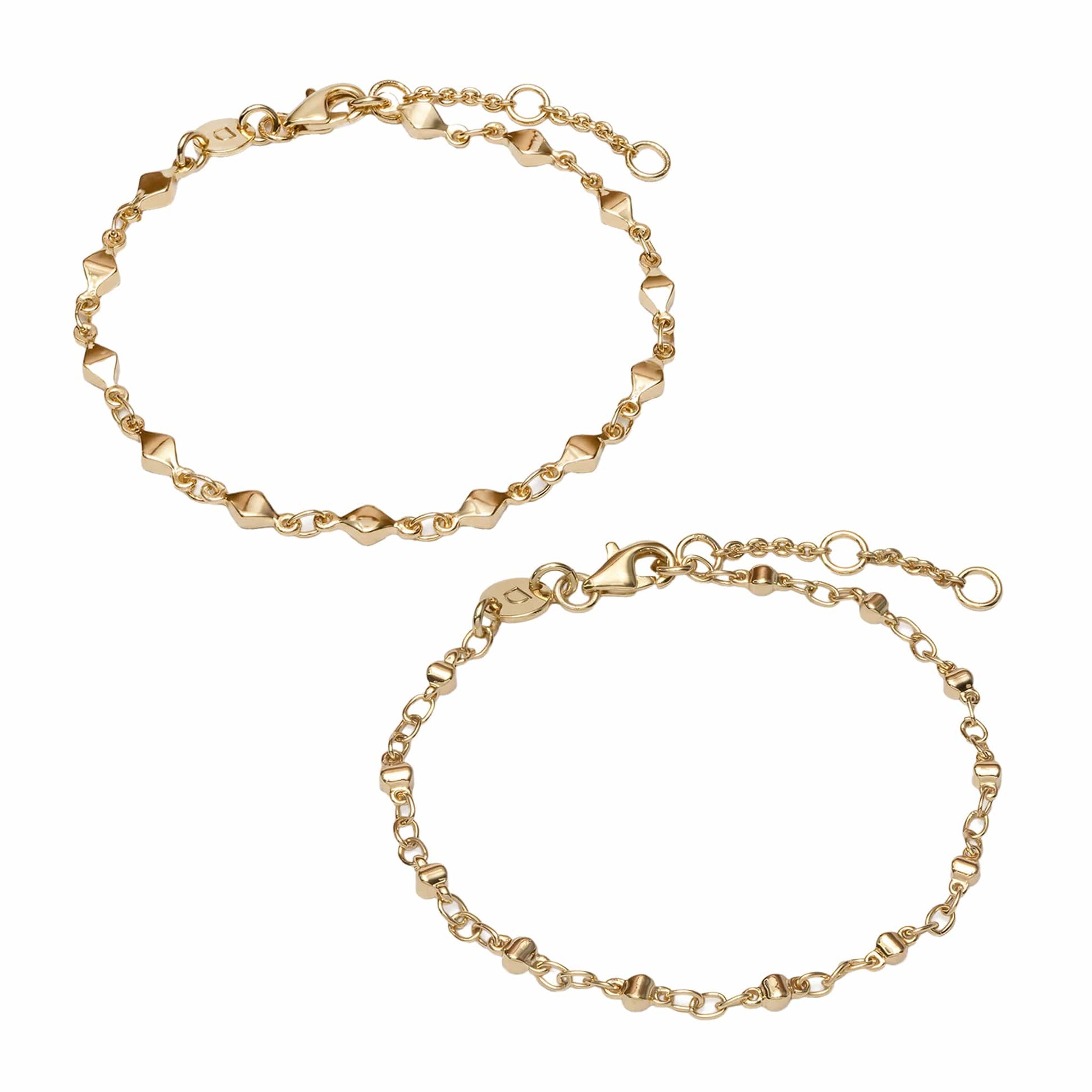 Square Bead & Diamond Disc Chain Bracelet Stack 18ct Gold Plate