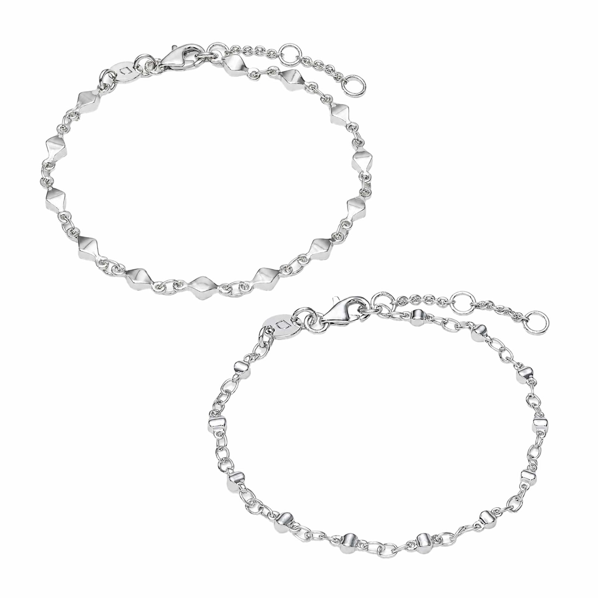 Square Bead & Diamond Disc Chain Bracelet Stack Silver Plate