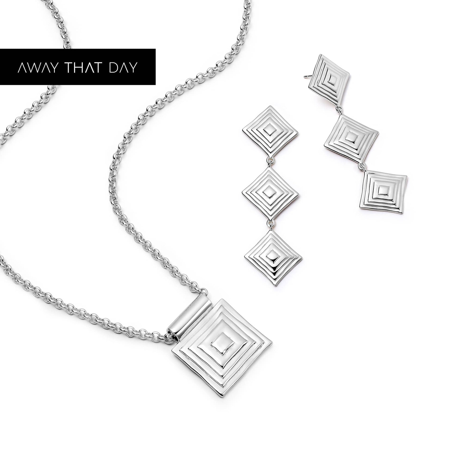 Strata Triple Drop Earrings & Necklace Set Silver Plate