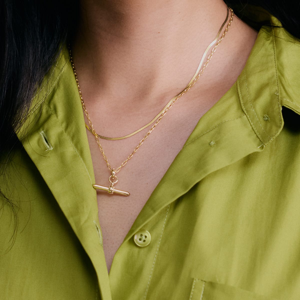 T Bar & Fine Snake Chain Necklace Layering Set 18ct Gold Plate