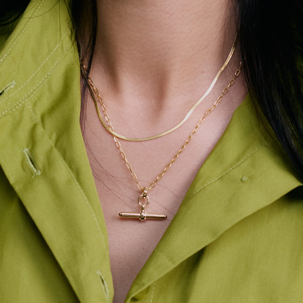 T Bar & Fine Snake Chain Necklace Layering Set 18ct Gold Plate