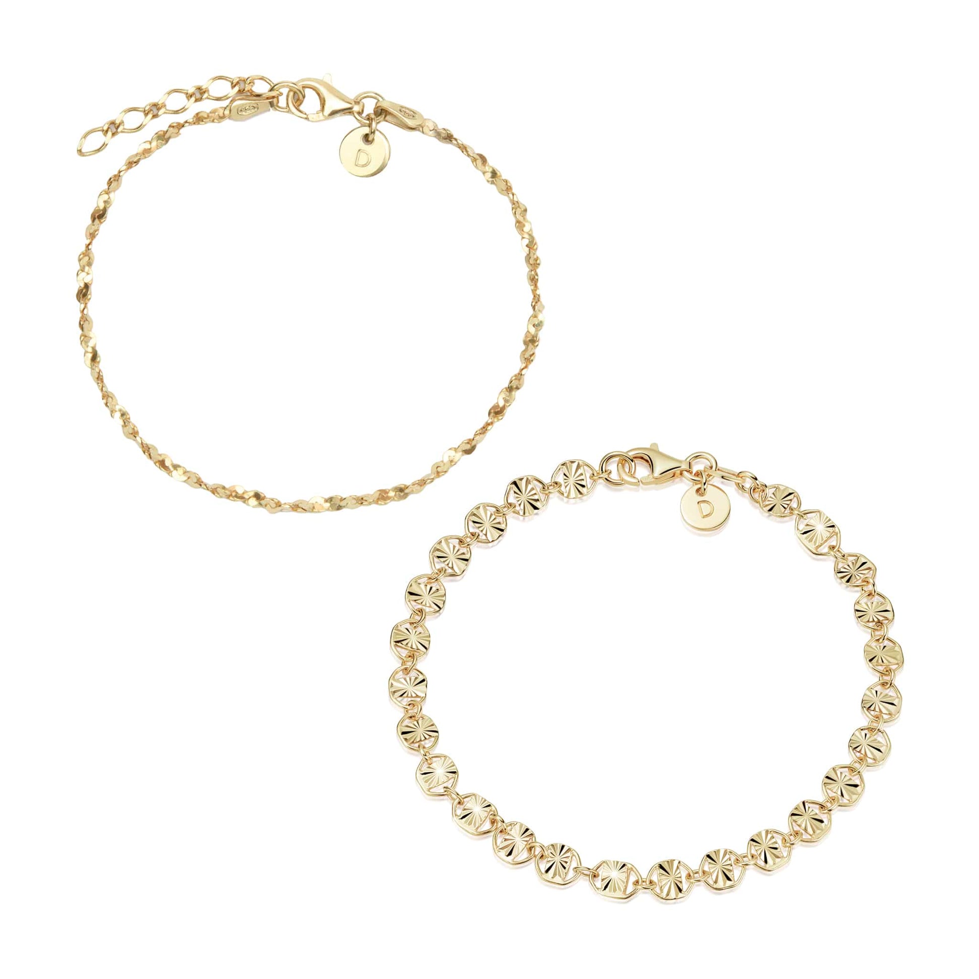 Textured Sunburst & Lightweight Chain Bracelet Stack 18ct Gold Plate