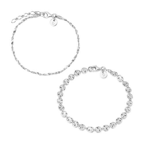 Textured Sunburst & Lightweight Chain Bracelet Stack Sterling Silver