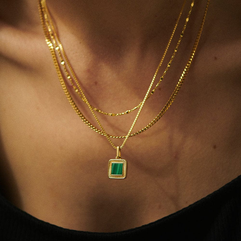 Malachite Palm Square Necklace 18ct Gold Plate