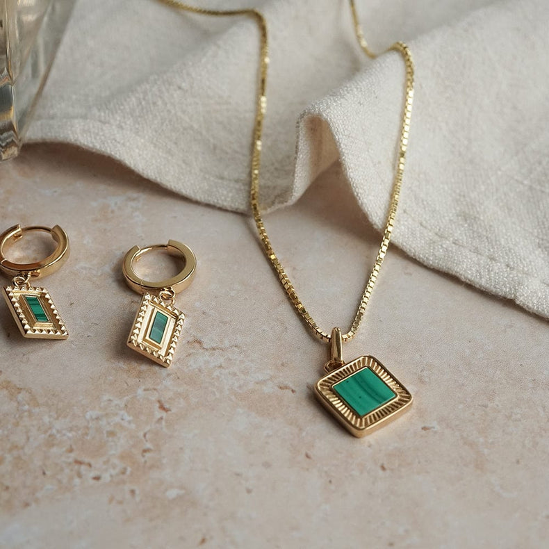 Malachite Palm Square Necklace 18ct Gold Plate