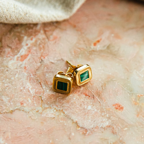 Mini Malachite Palm Stud Earrings 18ct Gold Plate