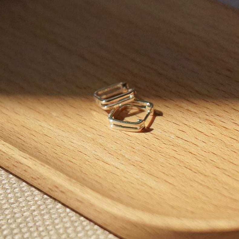 Double Square Huggie Hoop Earrings Sterling Silver