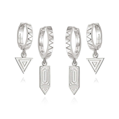 Silver Artisan Stamp Huggie Duo Set Sterling Silver