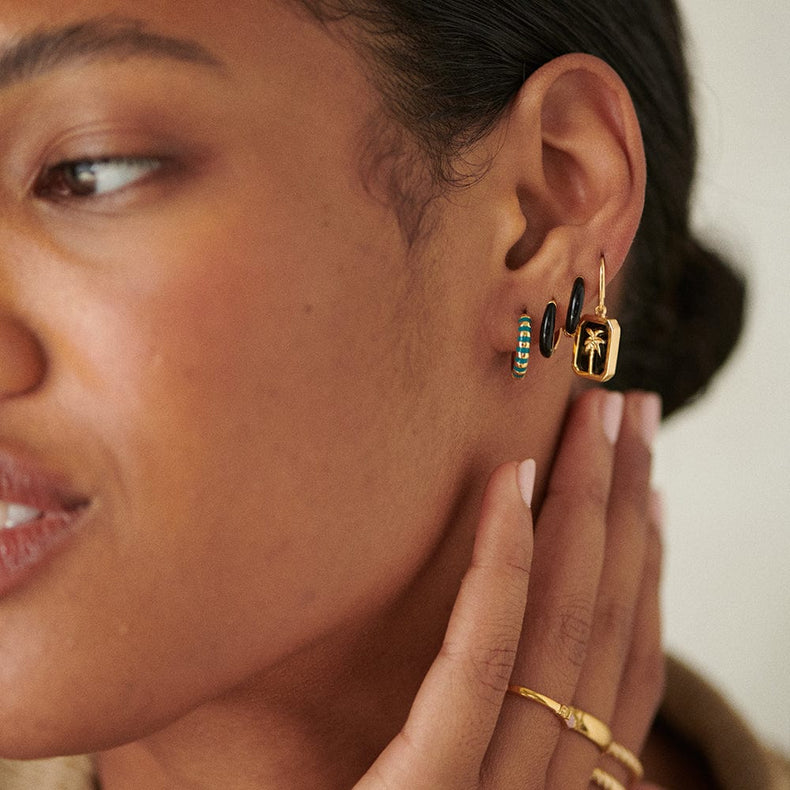 Teal Fine Stripe Huggie Hoop Earrings 18ct Gold Plate